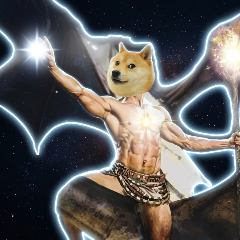 A shiba inu head on a winged warrior, holding a star.